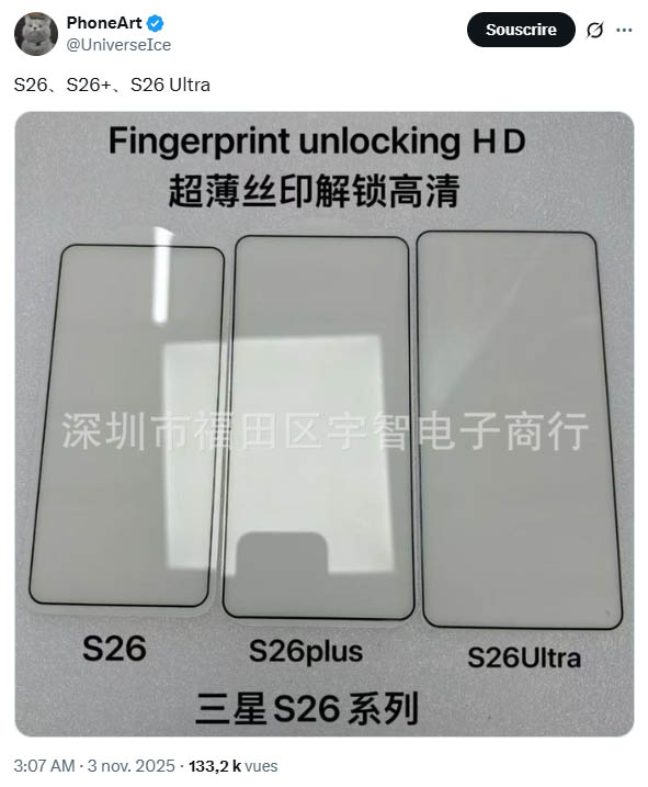 Samsung Galaxy S26 gamme protection écran leaks